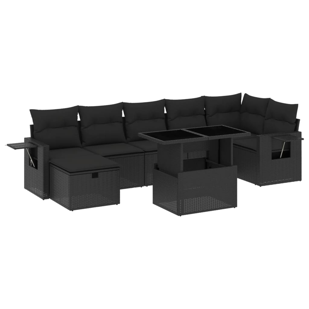 8 Piece Garden Sofa Set with Cushions Black Poly Rattan