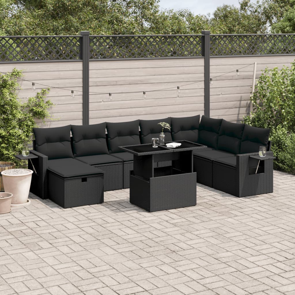 9 Piece Garden Sofa Set with Cushions Black Poly Rattan