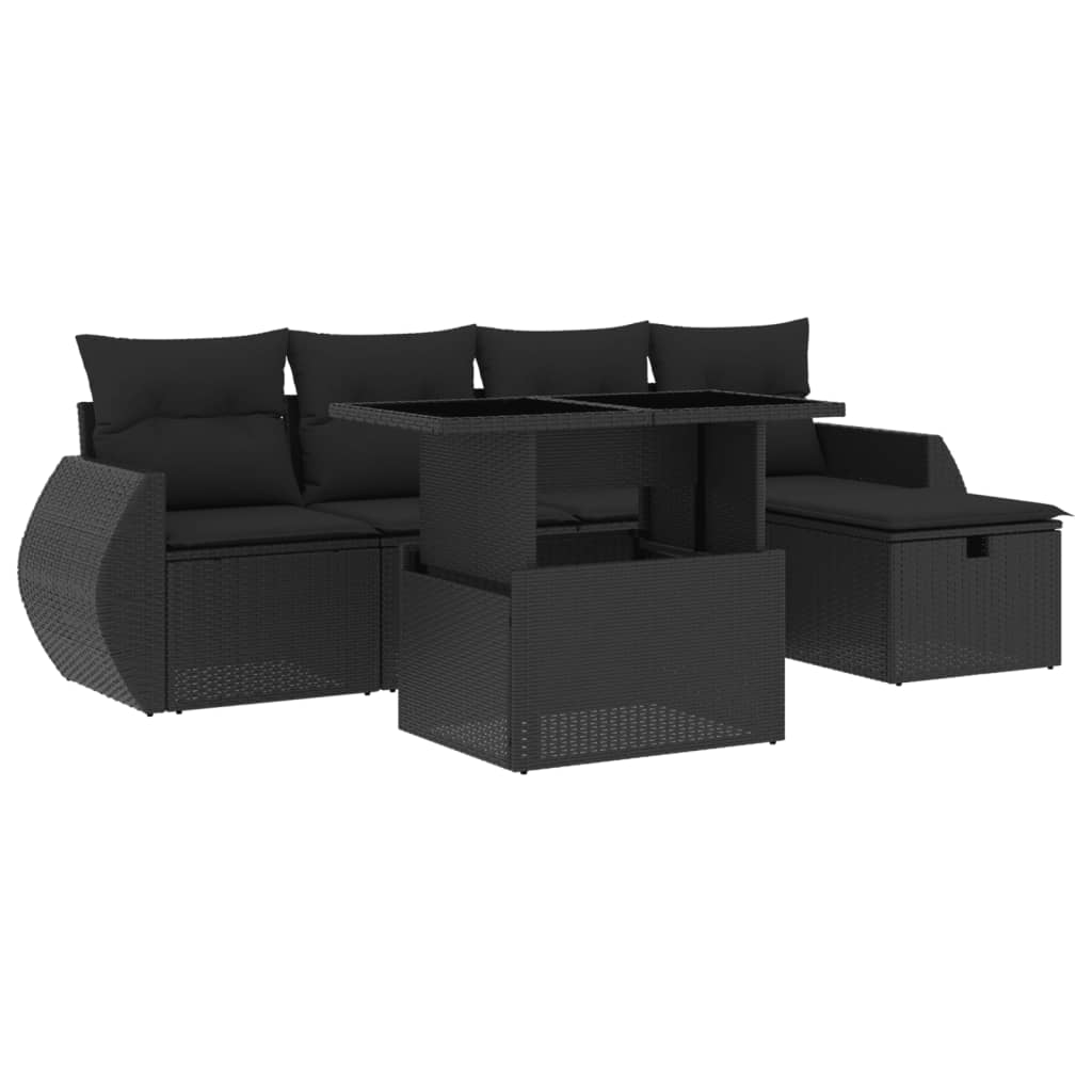 6 Piece Garden Sofa Set with Cushions Black Poly Rattan