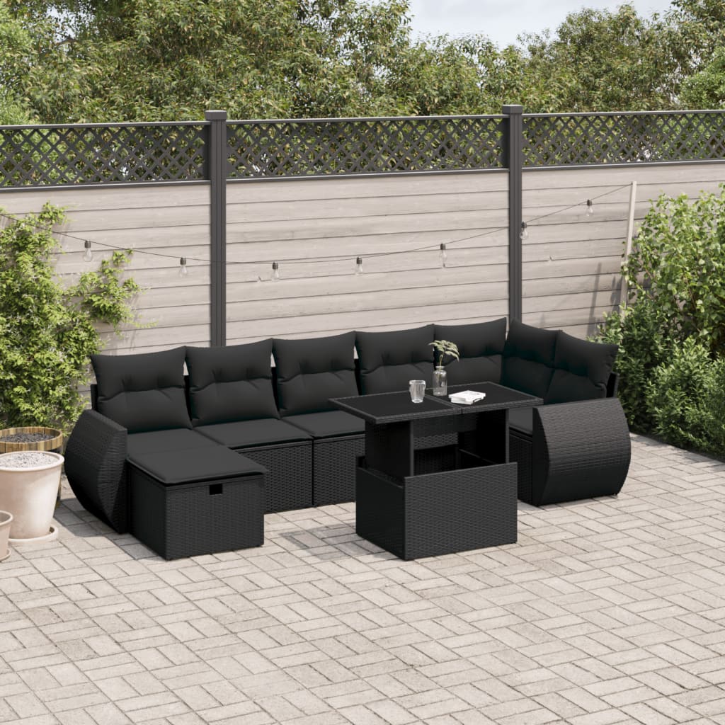 8 Piece Garden Sofa Set with Cushions Black Poly Rattan