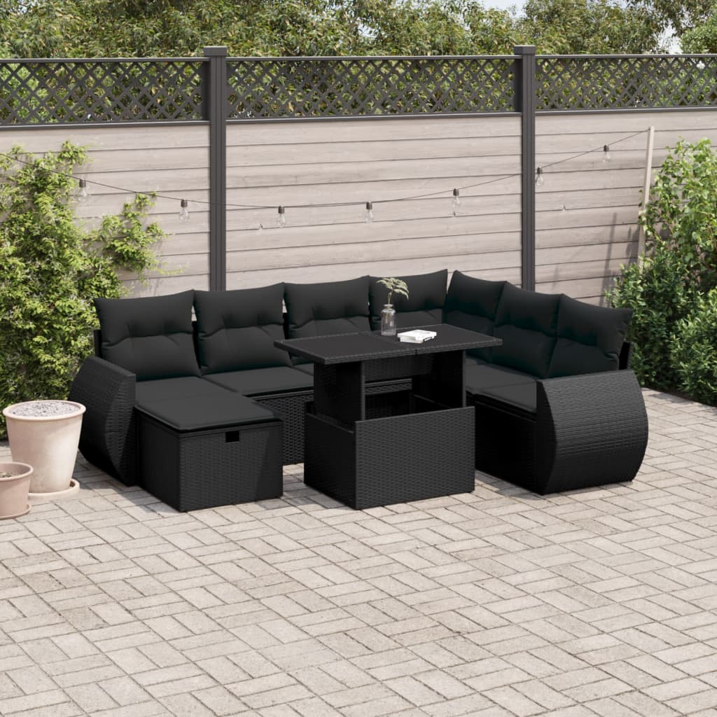 8 Piece Garden Sofa Set with Cushions Black Poly Rattan