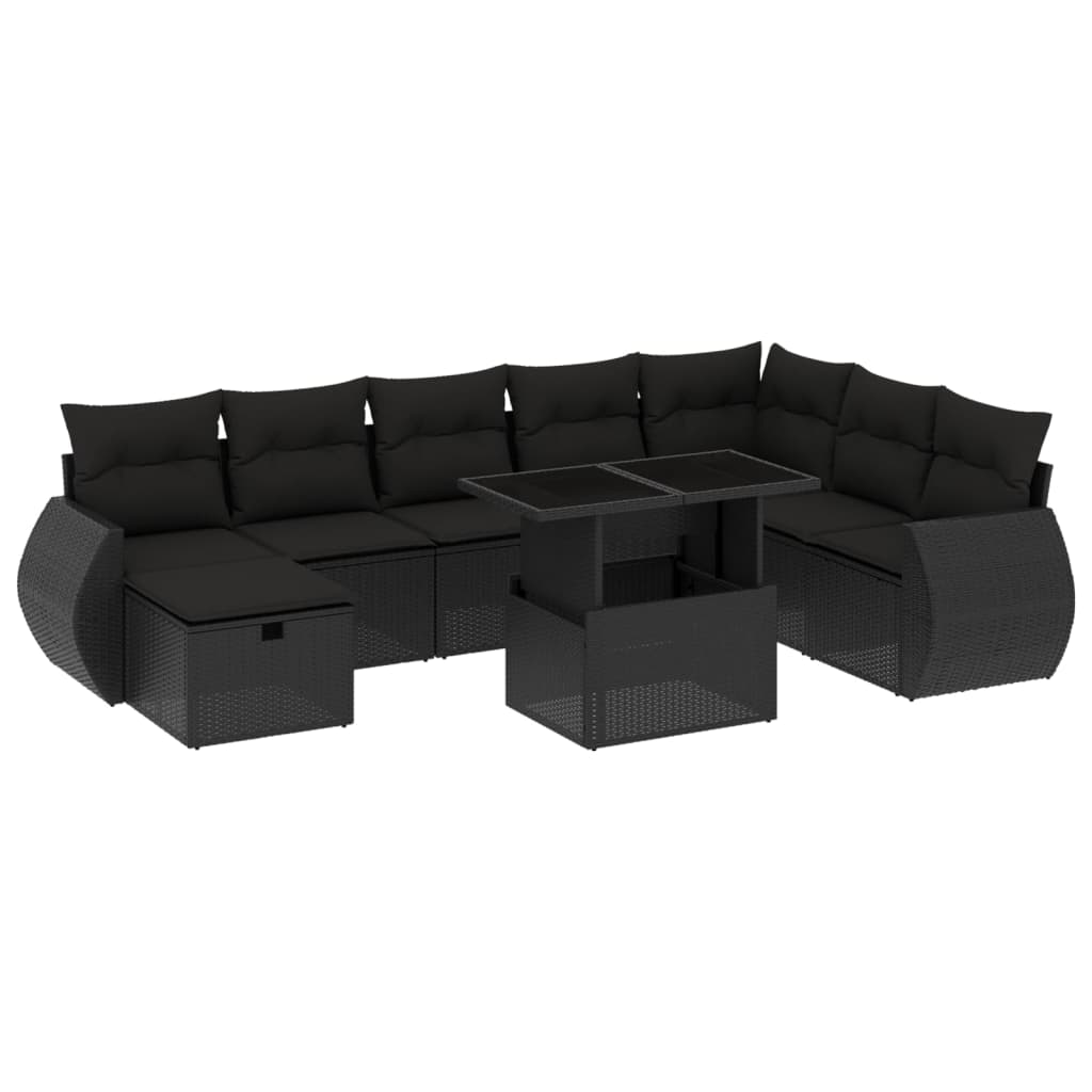 9 Piece Garden Sofa Set with Cushions Black Poly Rattan