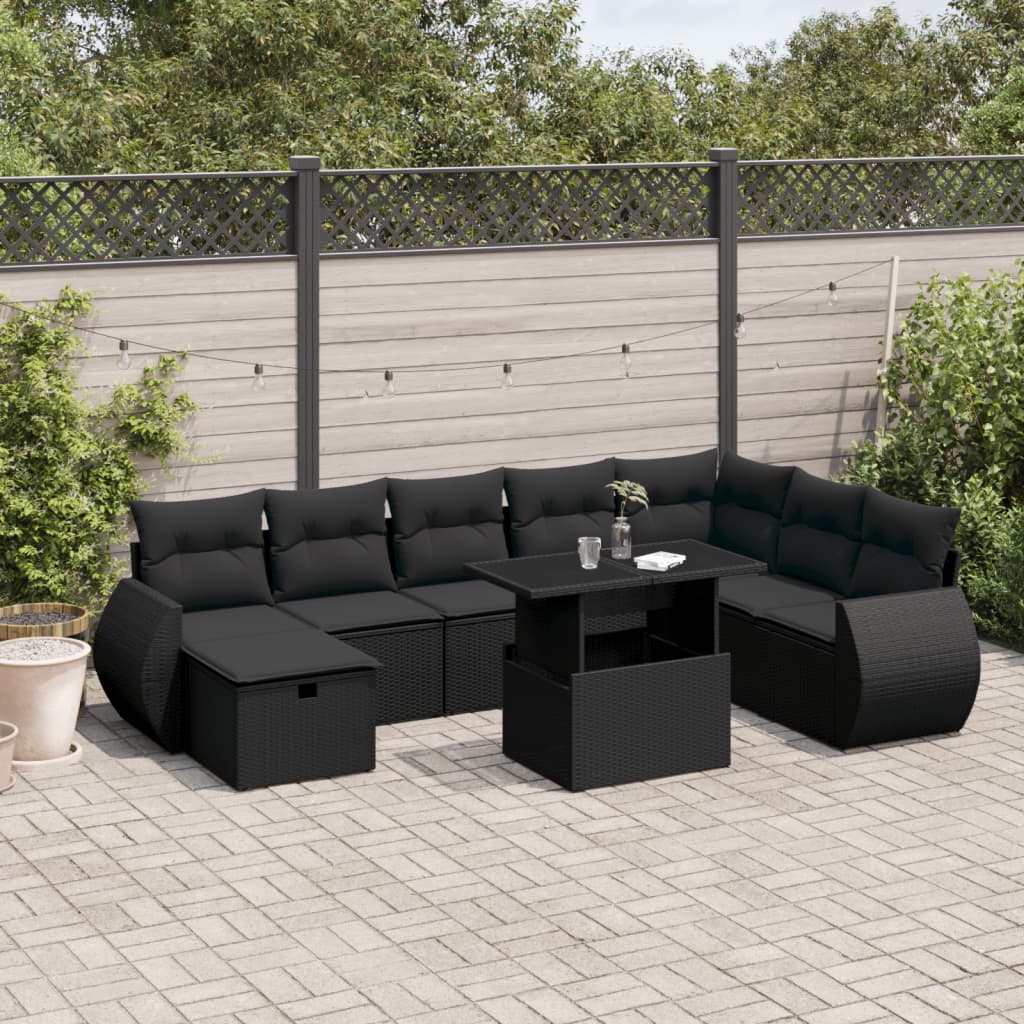 9 Piece Garden Sofa Set with Cushions Black Poly Rattan