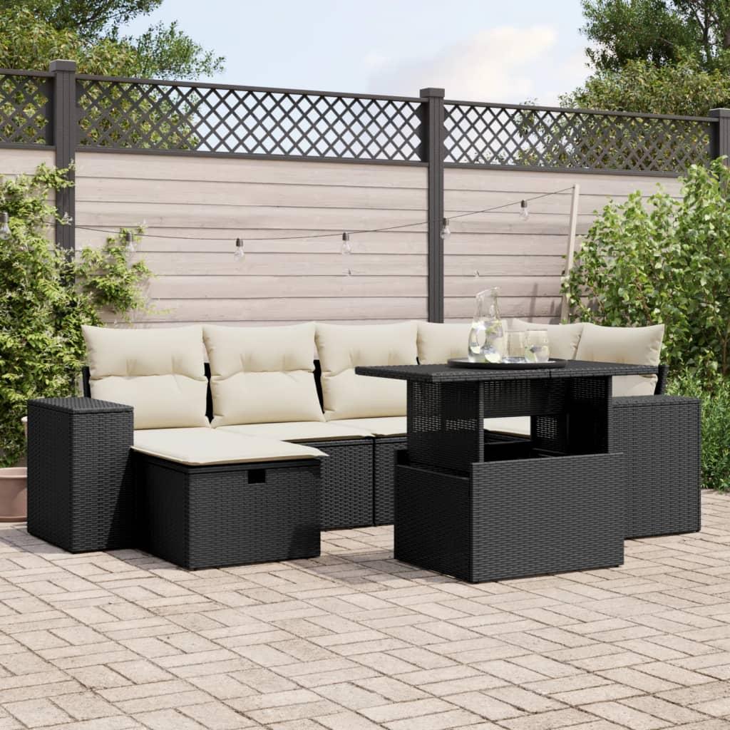 7 Piece Garden Sofa Set with Cushions Black Poly Rattan