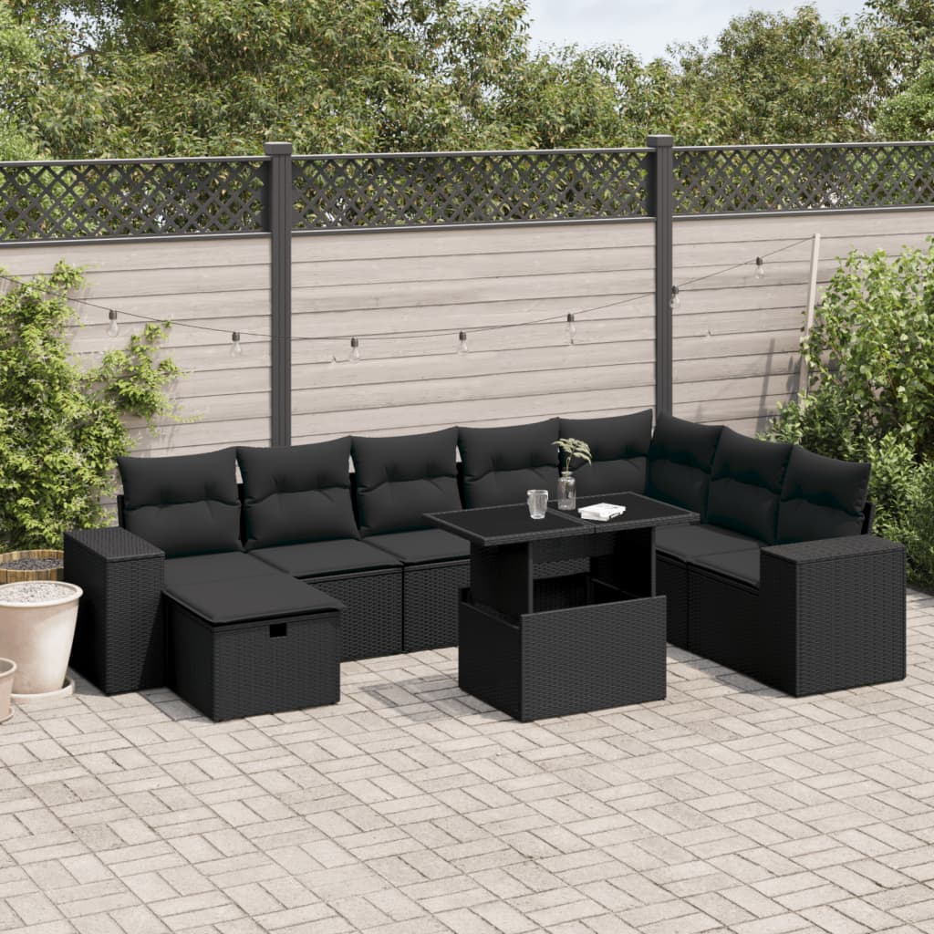 9 Piece Garden Sofa Set with Cushions Black Poly Rattan