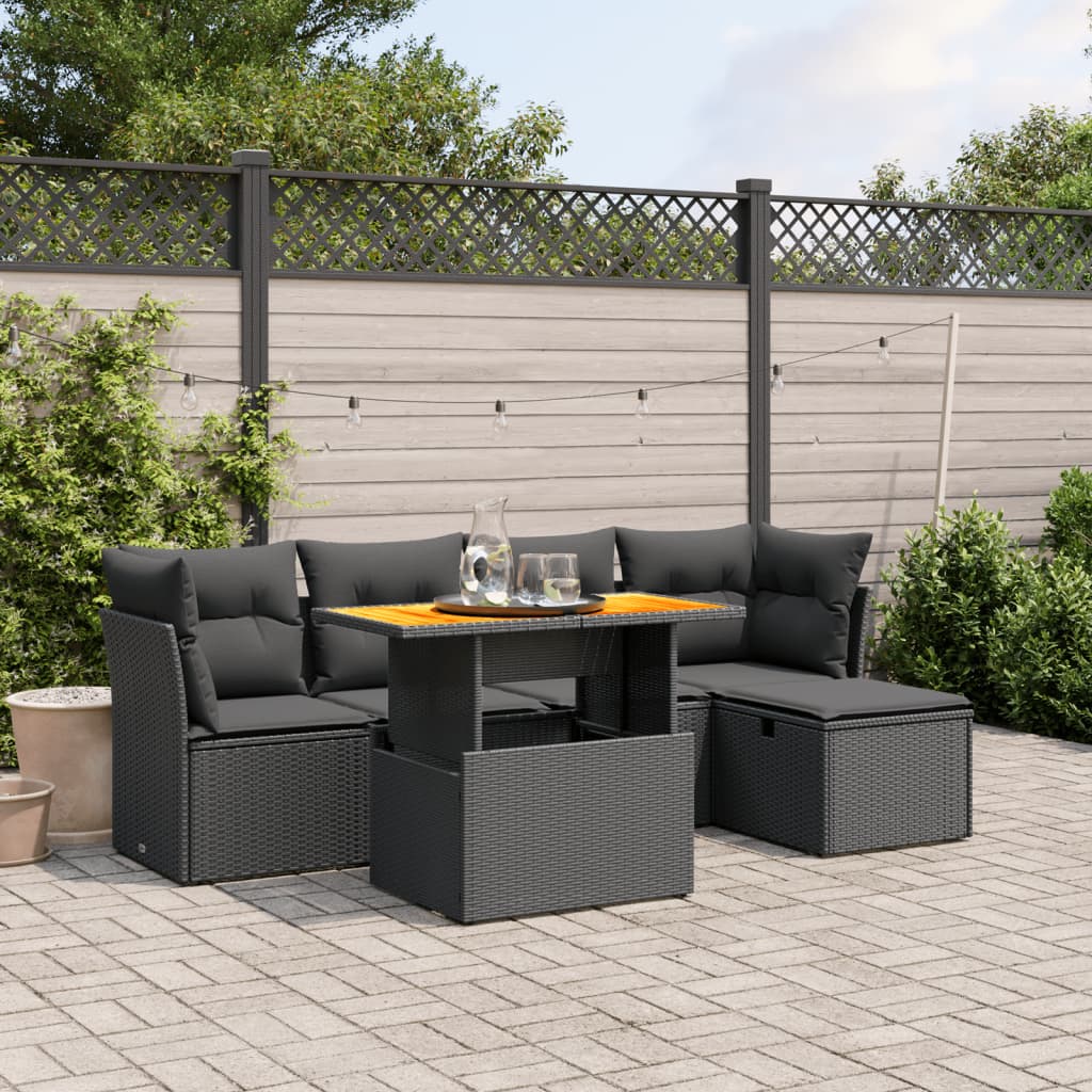 6 Piece Garden Sofa Set with Cushions Black Poly Rattan