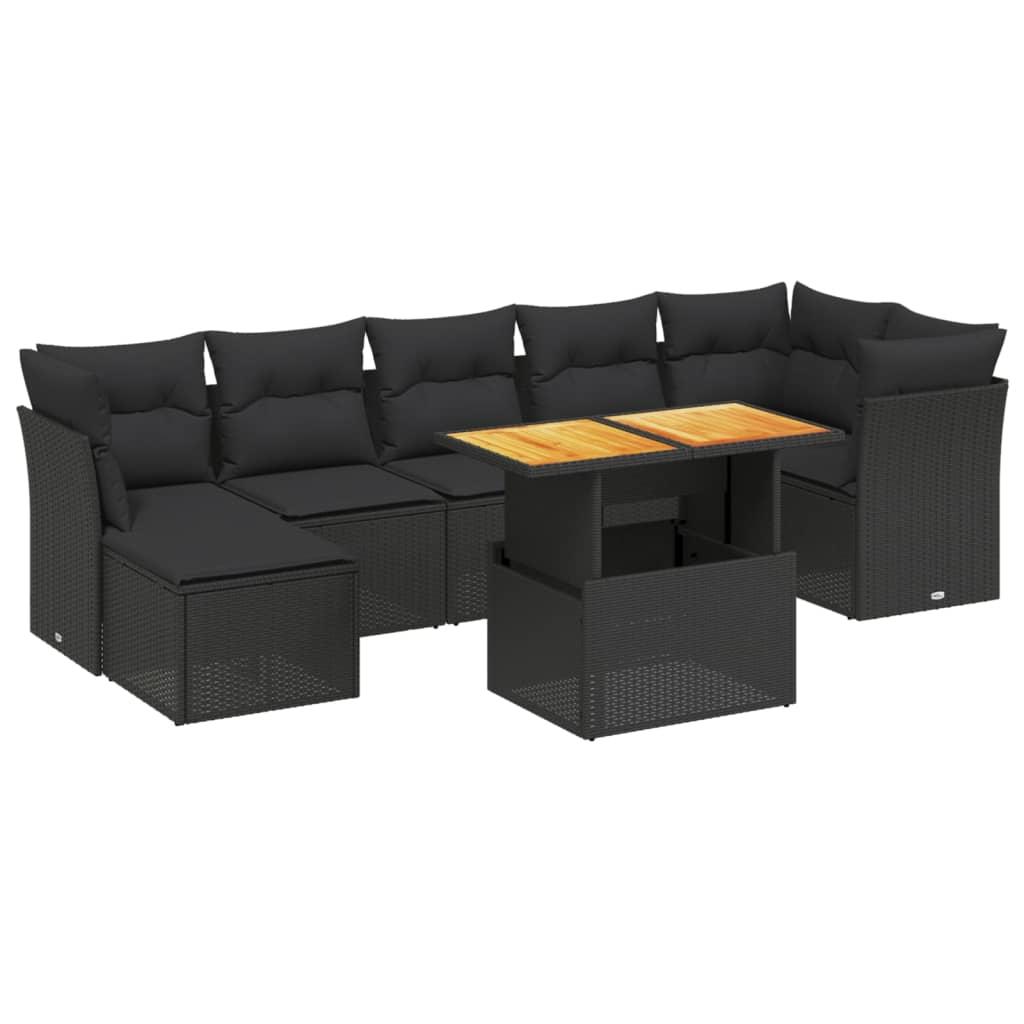 8 Piece Garden Sofa Set with Cushions Black Poly Rattan