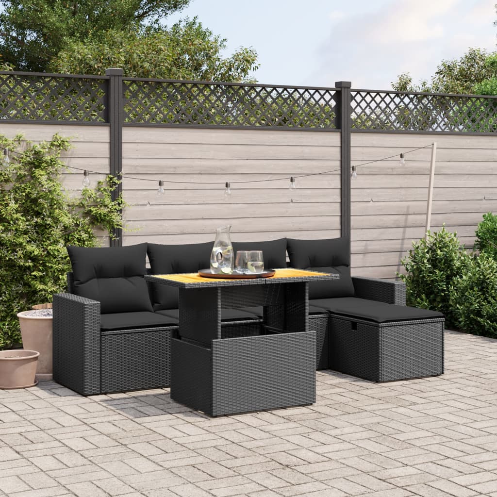 6 Piece Garden Sofa Set with Cushions Black Poly Rattan