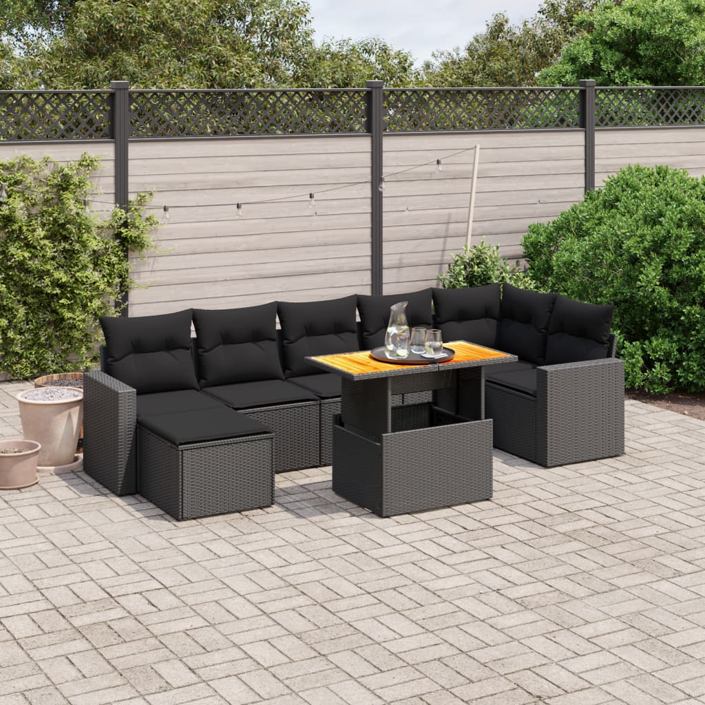 8 Piece Garden Sofa Set with Cushions Black Poly Rattan