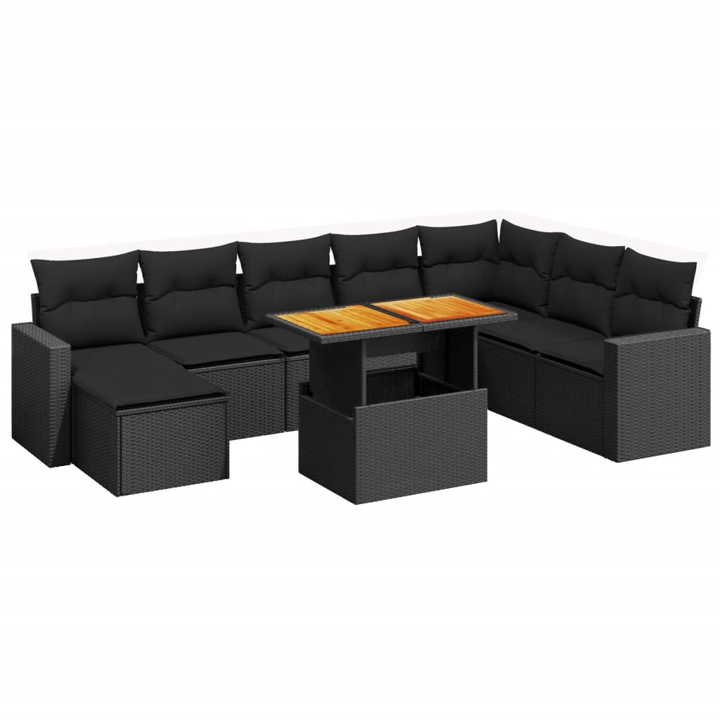 9 Piece Garden Sofa Set with Cushions Black Poly Rattan