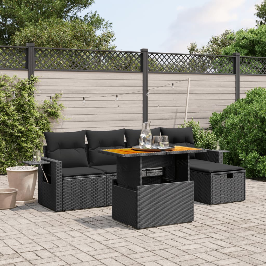 6 Piece Garden Sofa Set with Cushions Black Poly Rattan