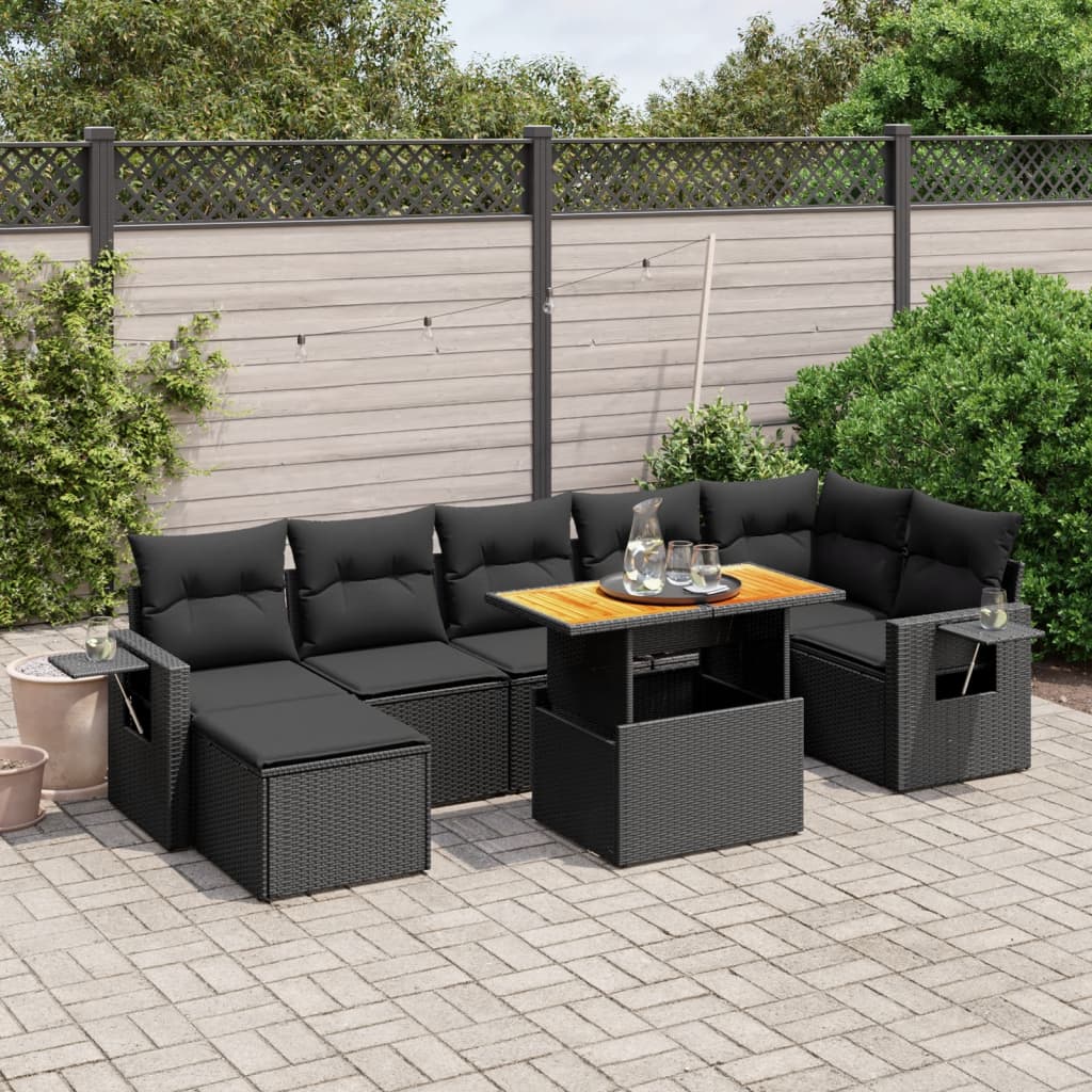 8 Piece Garden Sofa Set with Cushions Black Poly Rattan