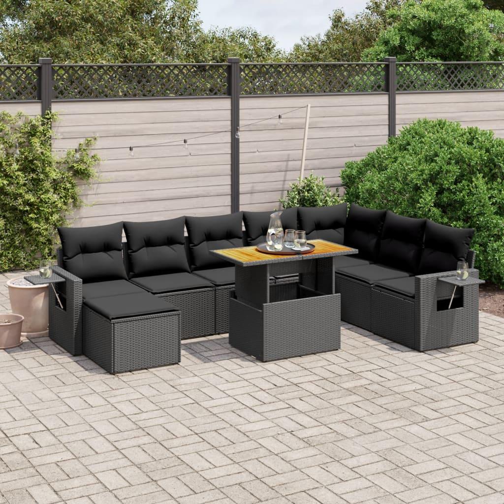 9 Piece Garden Sofa Set with Cushions Black Poly Rattan