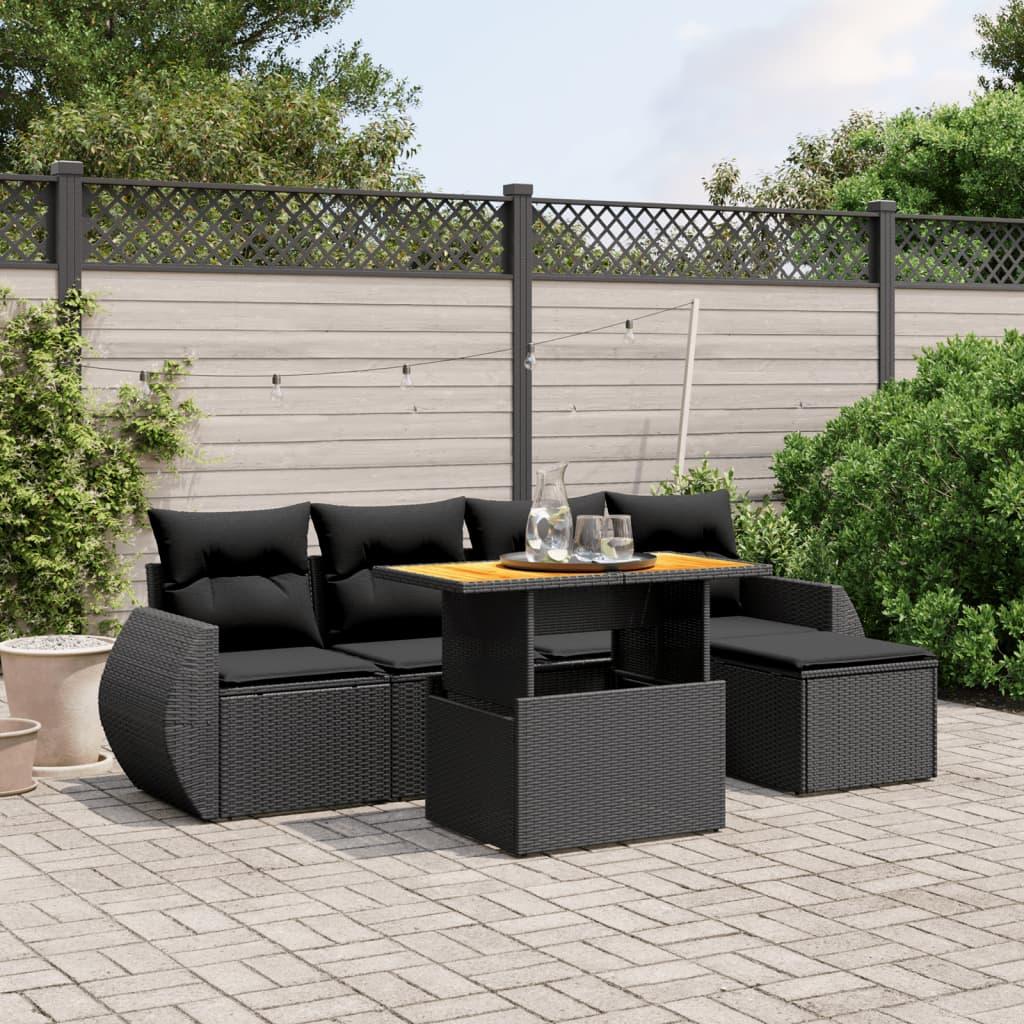 6 Piece Garden Sofa Set with Cushions Black Poly Rattan