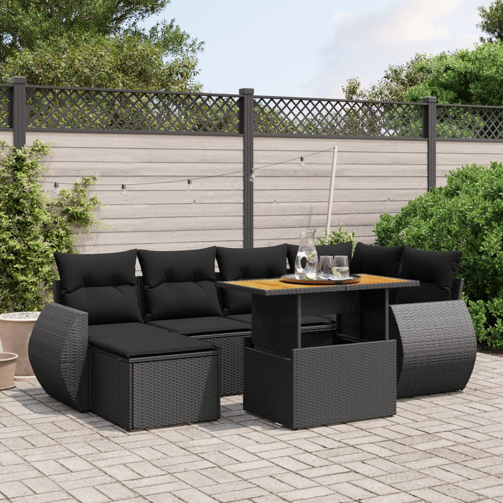 7 Piece Garden Sofa Set with Cushions Black Poly Rattan