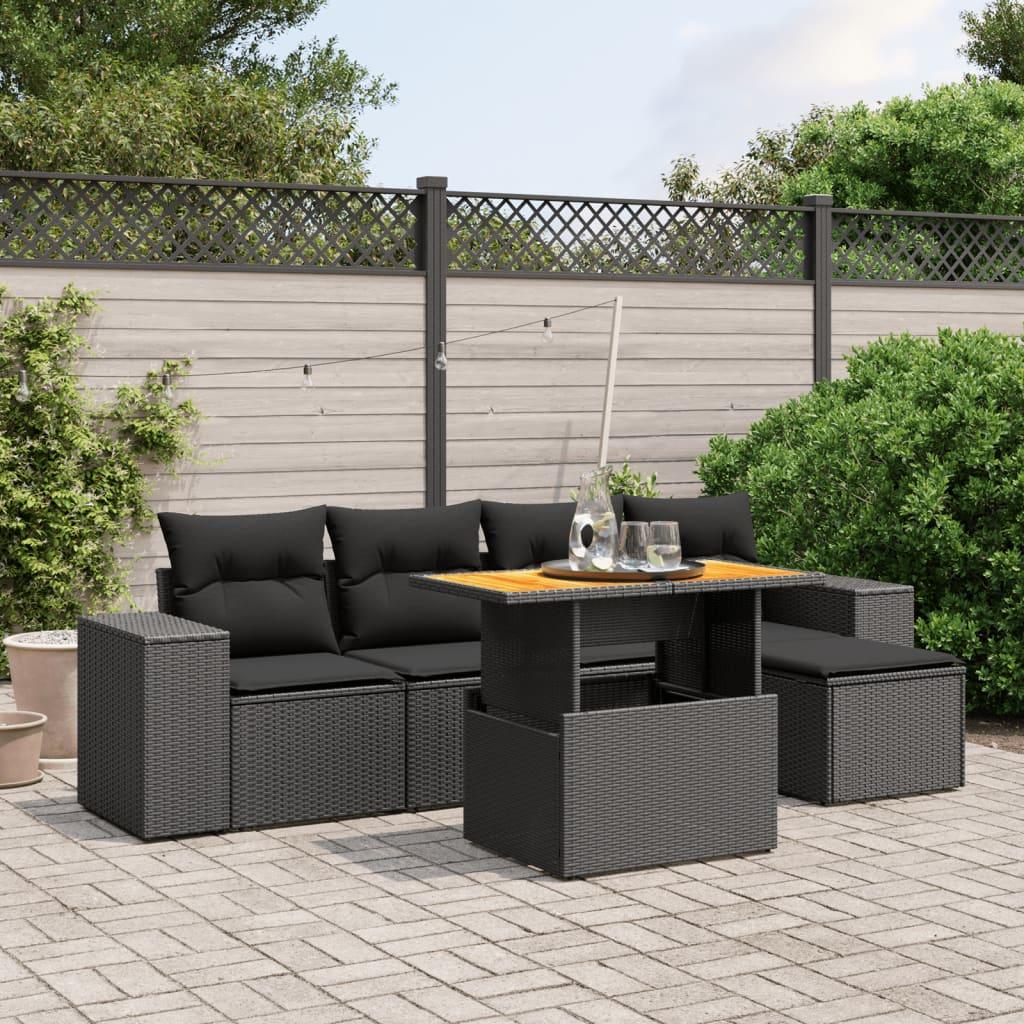 6 Piece Garden Sofa Set with Cushions Black Poly Rattan