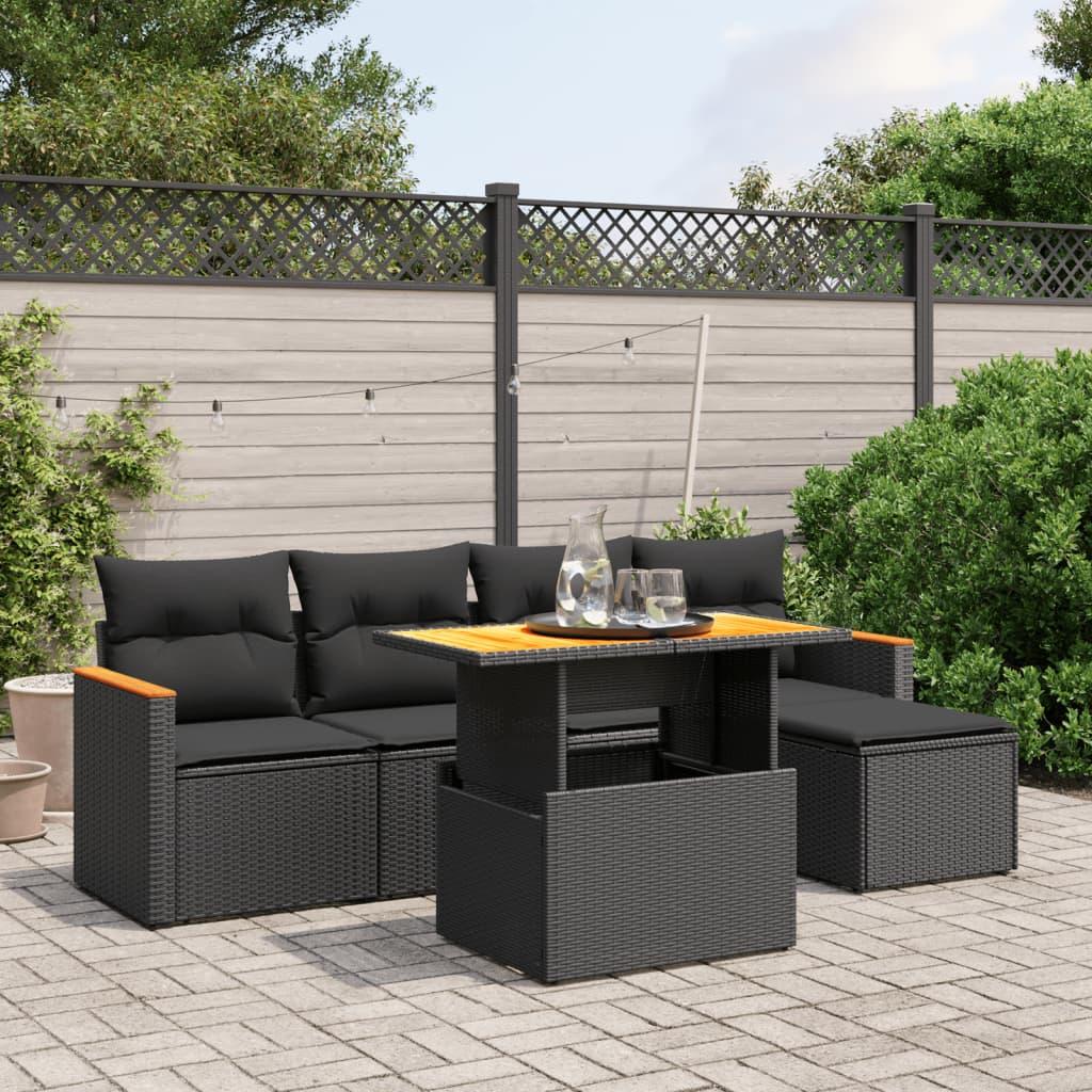 6 Piece Garden Sofa Set with Cushions Black Poly Rattan