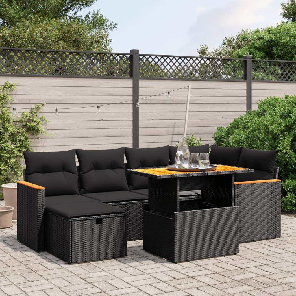 7 Piece Garden Sofa Set with Cushions Black Poly Rattan