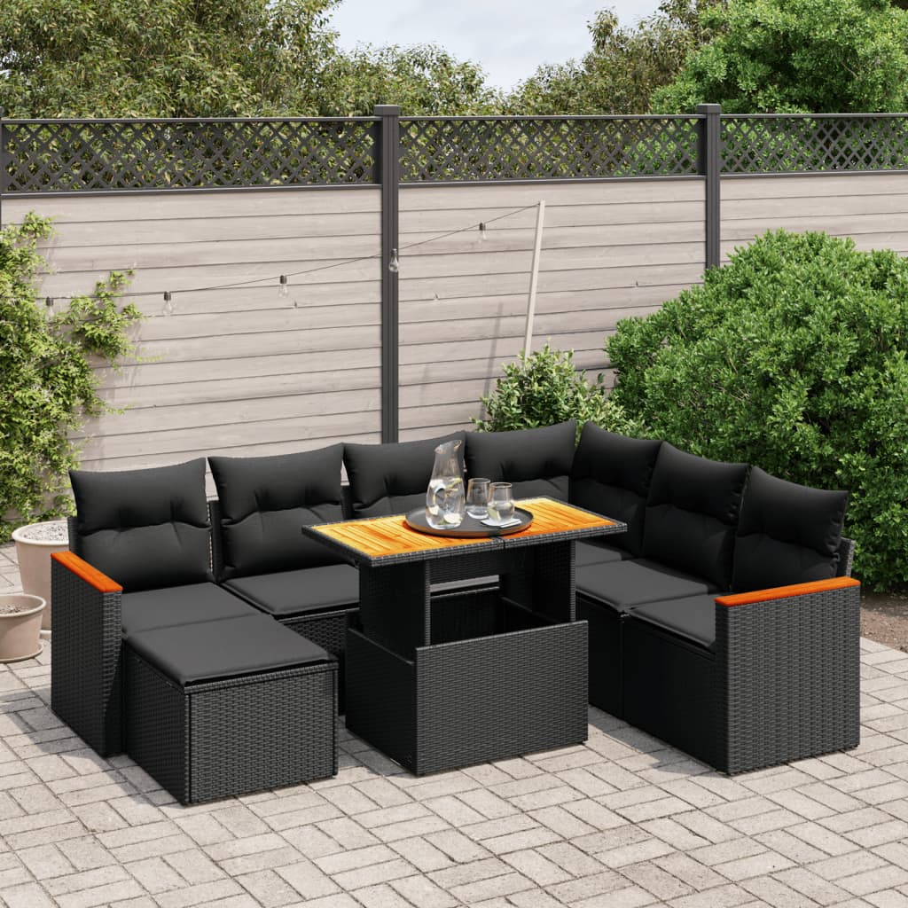 8 Piece Garden Sofa Set with Cushions Black Poly Rattan