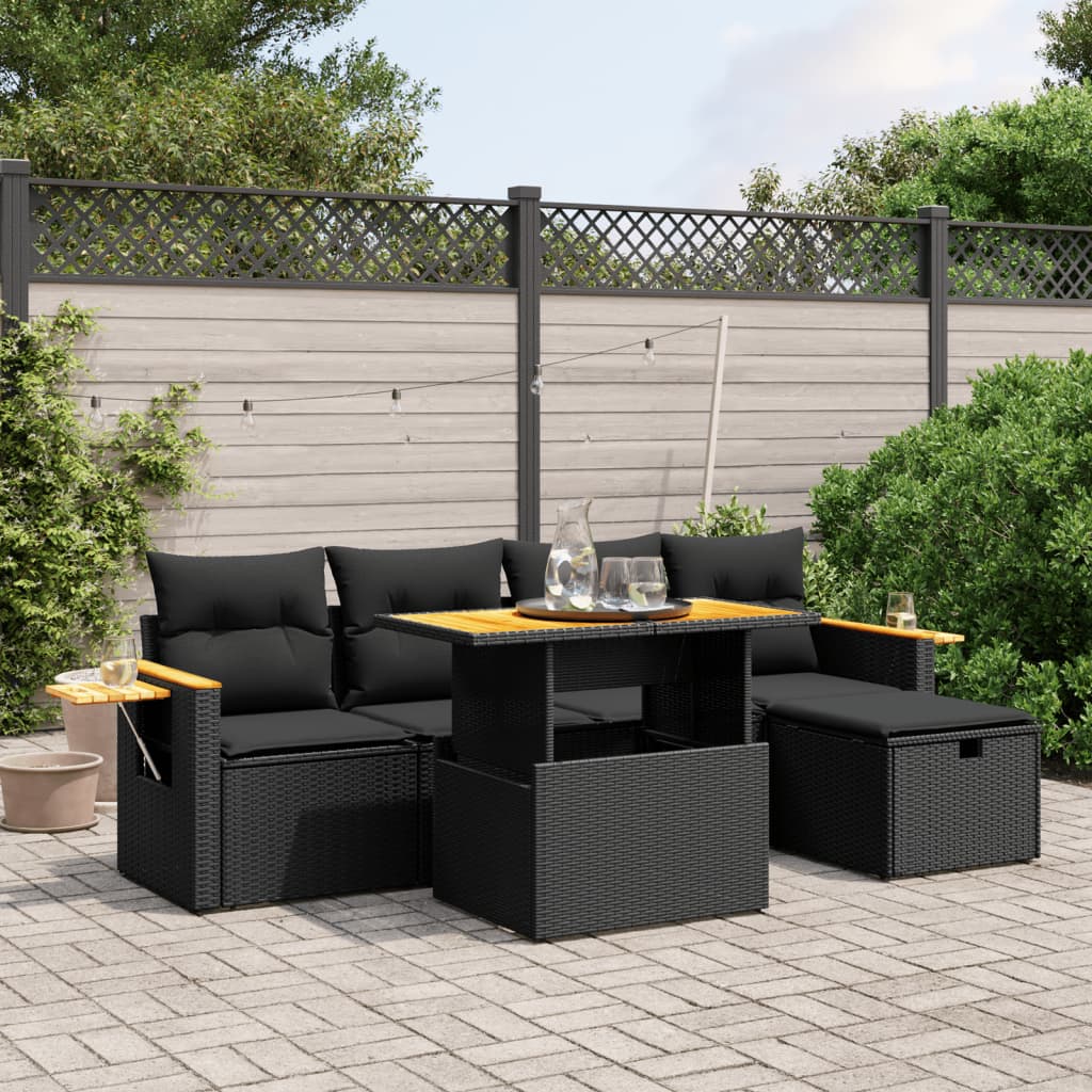 6 Piece Garden Sofa Set with Cushions Black Poly Rattan