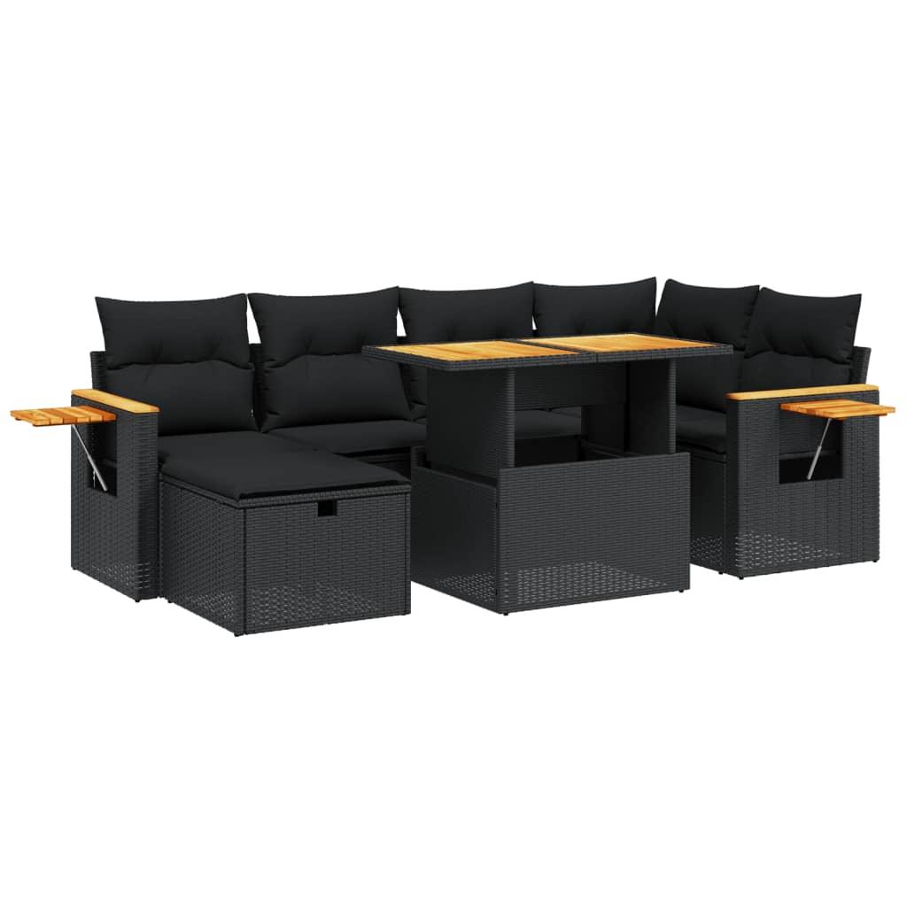 7 Piece Garden Sofa Set with Cushions Black Poly Rattan