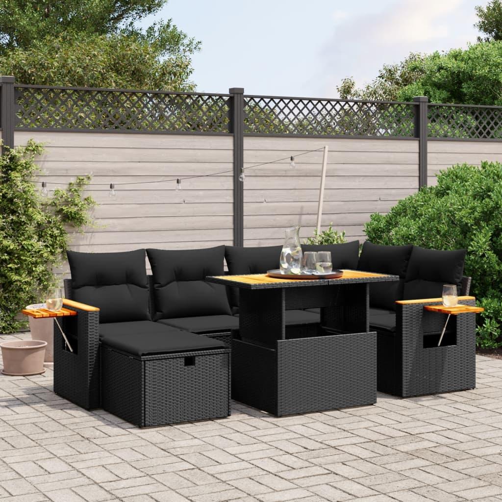 7 Piece Garden Sofa Set with Cushions Black Poly Rattan