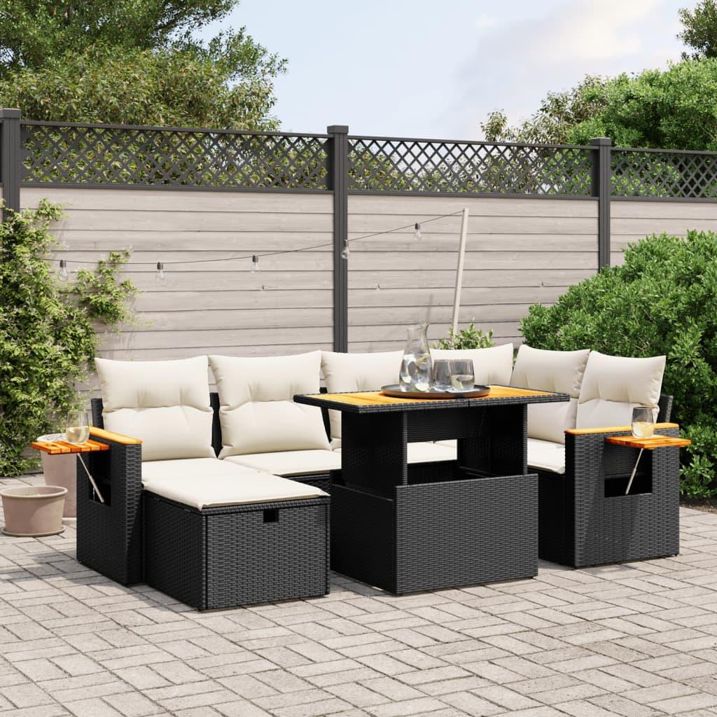 7 Piece Garden Sofa Set with Cushions Black Poly Rattan
