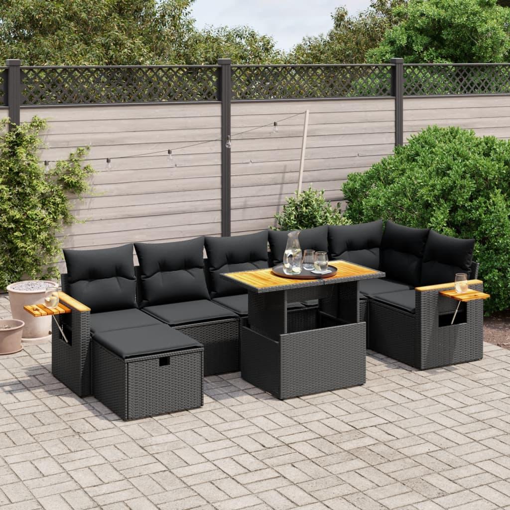 8 Piece Garden Sofa Set with Cushions Black Poly Rattan