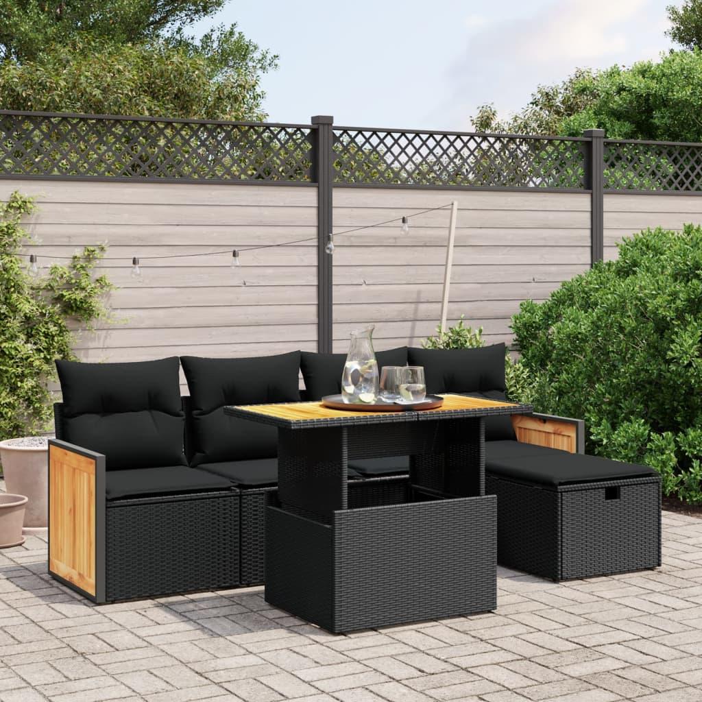 6 Piece Garden Sofa Set with Cushions Black Poly Rattan