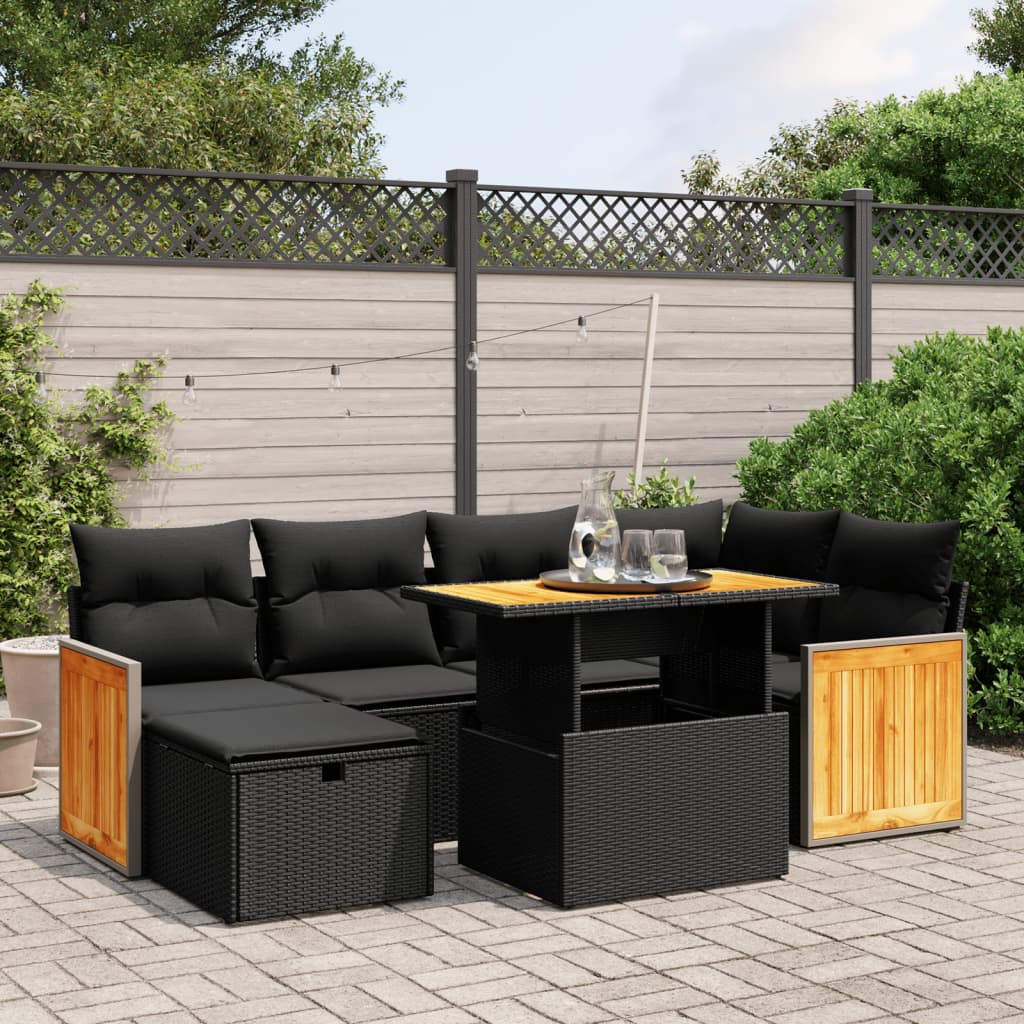 7 Piece Garden Sofa Set with Cushions Black Poly Rattan