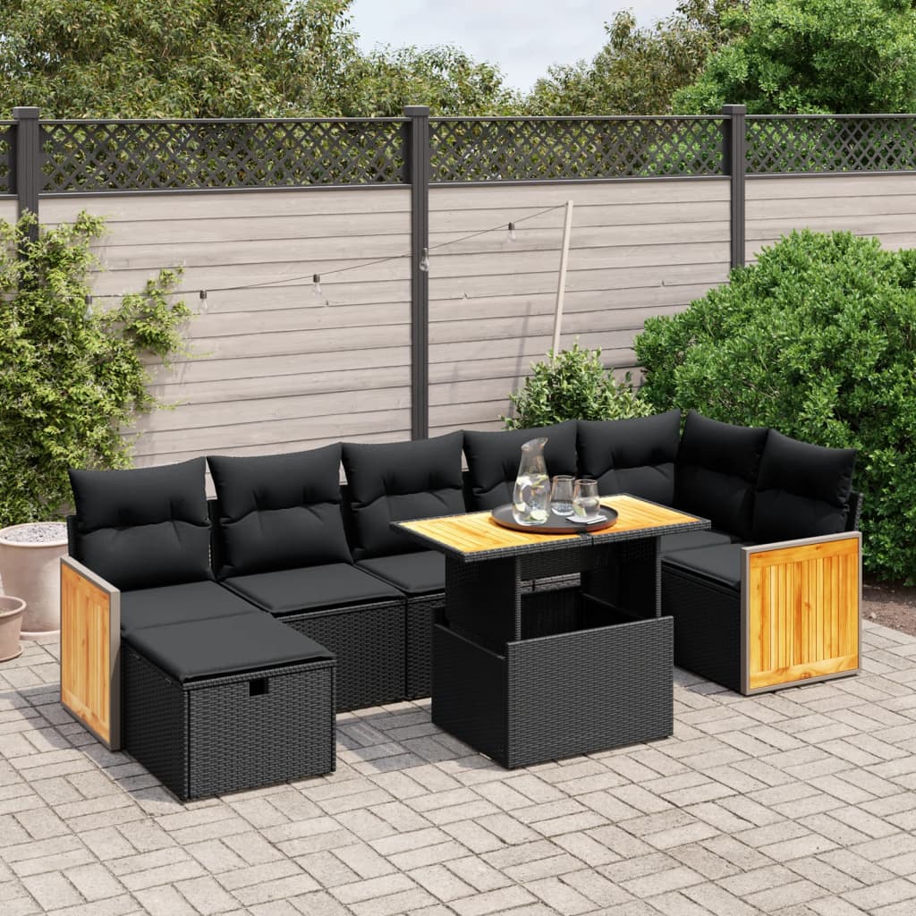 8 Piece Garden Sofa Set with Cushions Black Poly Rattan