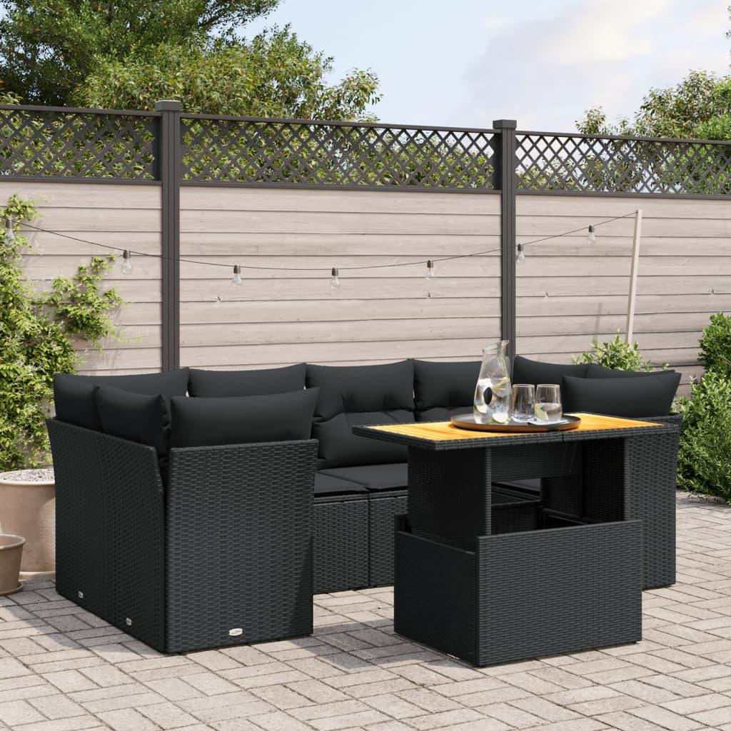 7 Piece Garden Sofa Set with Cushions Black Poly Rattan