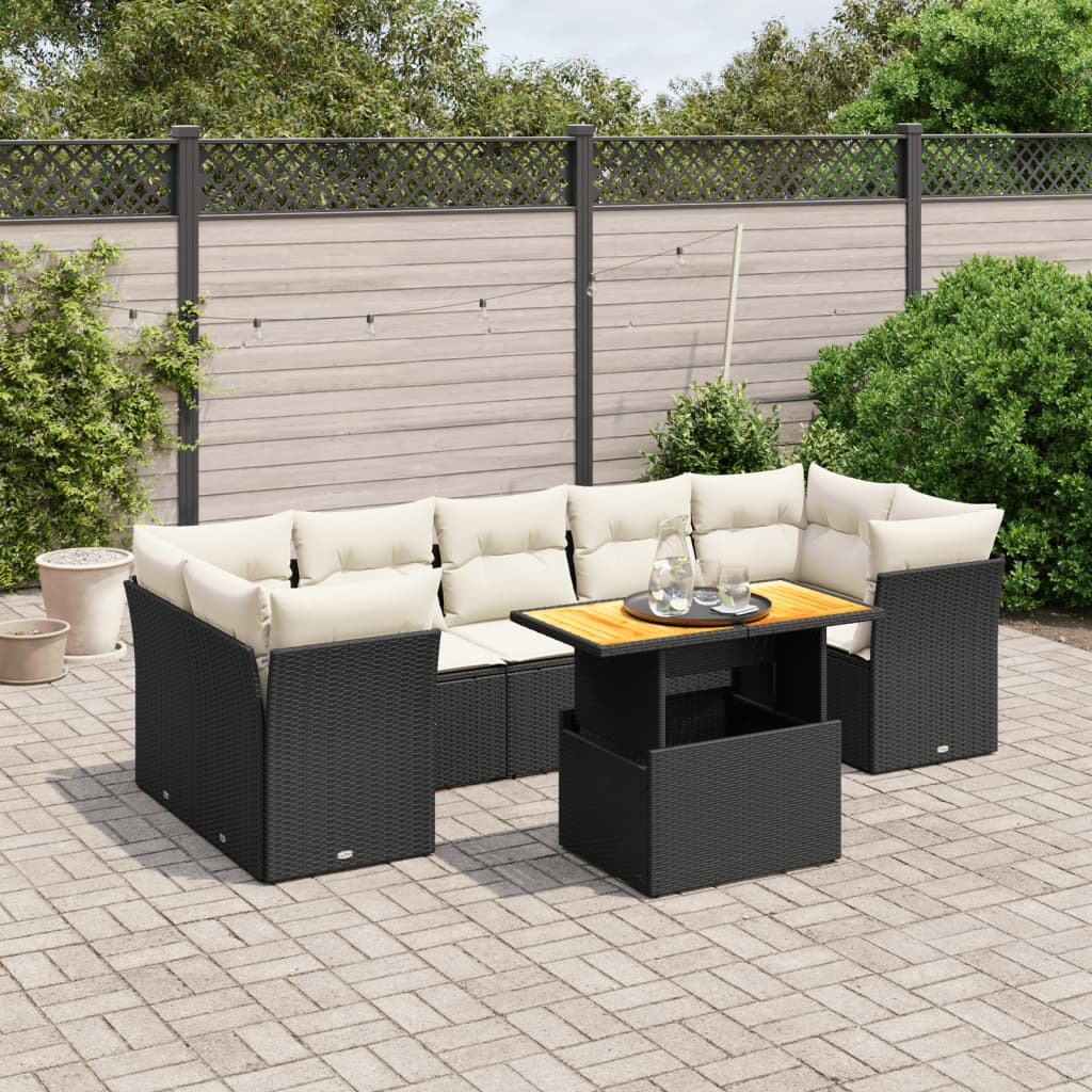 8 Piece Garden Sofa Set with Cushions Black Poly Rattan