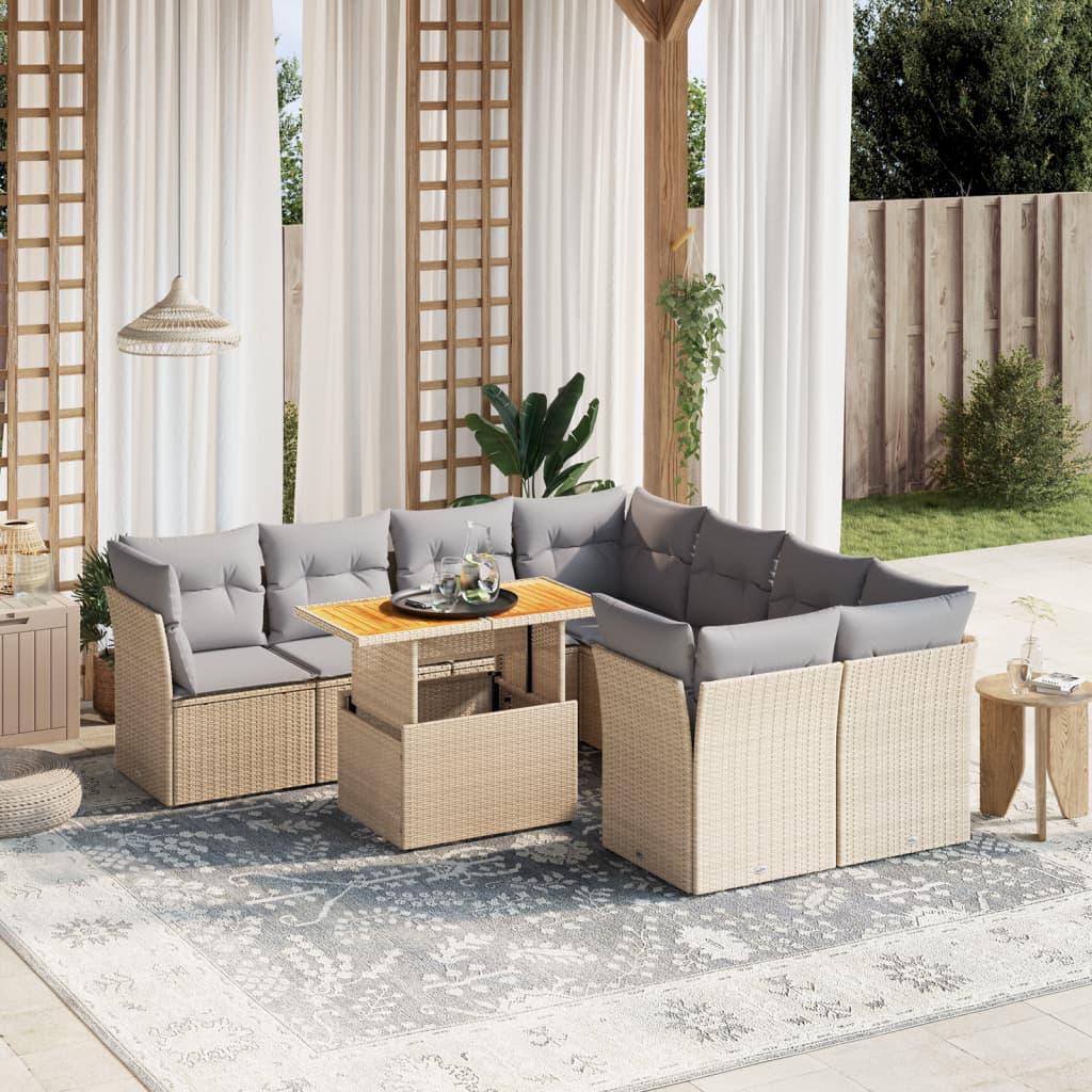 9 Piece Garden Sofa Set with Cushions Beige Poly Rattan