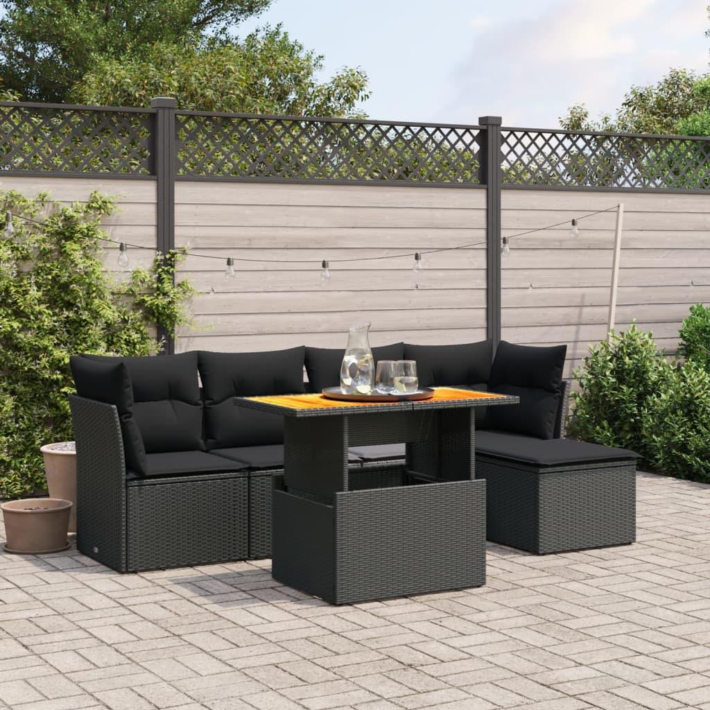 6 Piece Garden Sofa Set with Cushions Black Poly Rattan