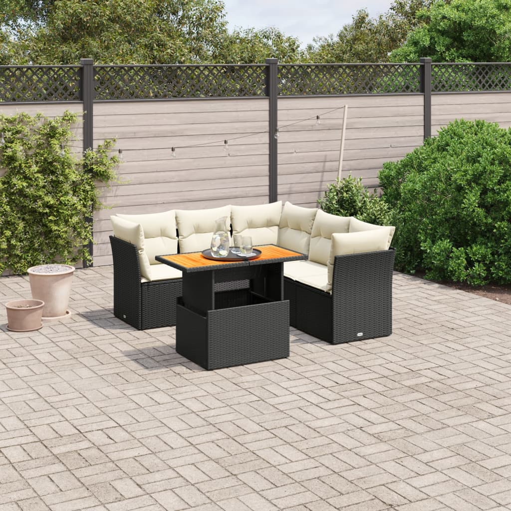 5 Piece Garden Sofa Set with Cushions Black Poly Rattan