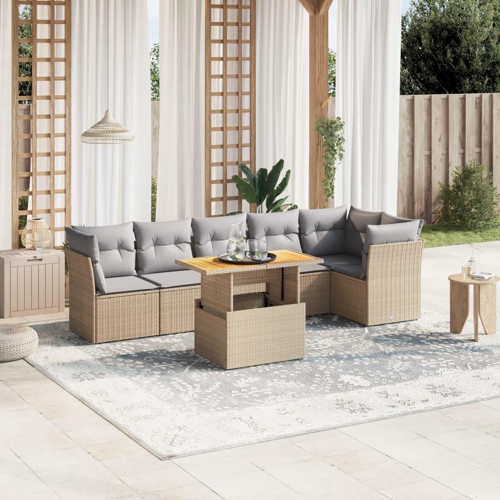 7 Piece Garden Sofa Set with Cushions Beige Poly Rattan
