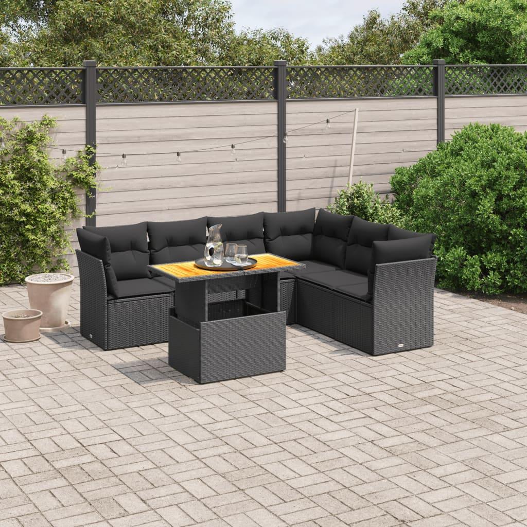 7 Piece Garden Sofa Set with Cushions Black Poly Rattan