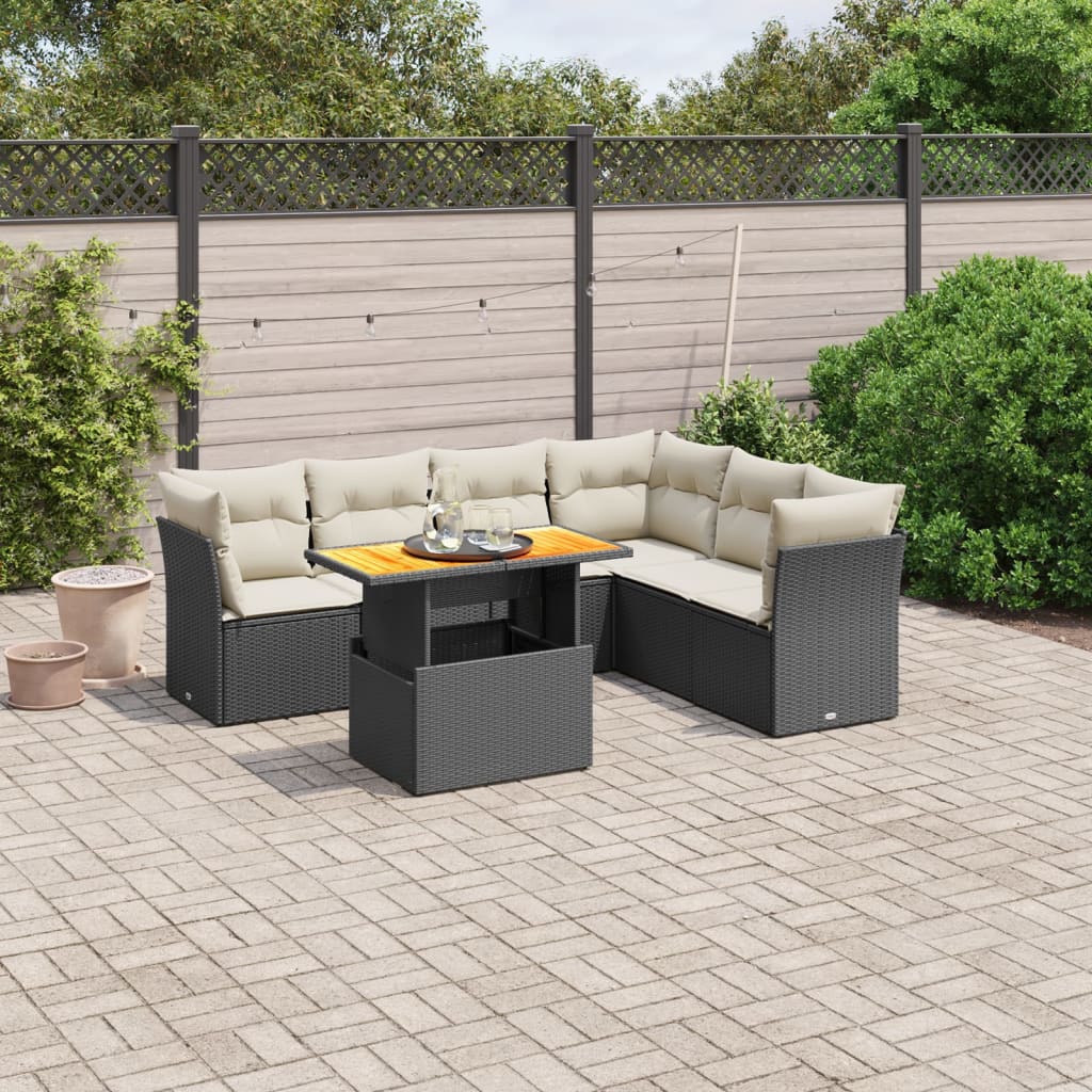 7 Piece Garden Sofa Set with Cushions Black Poly Rattan