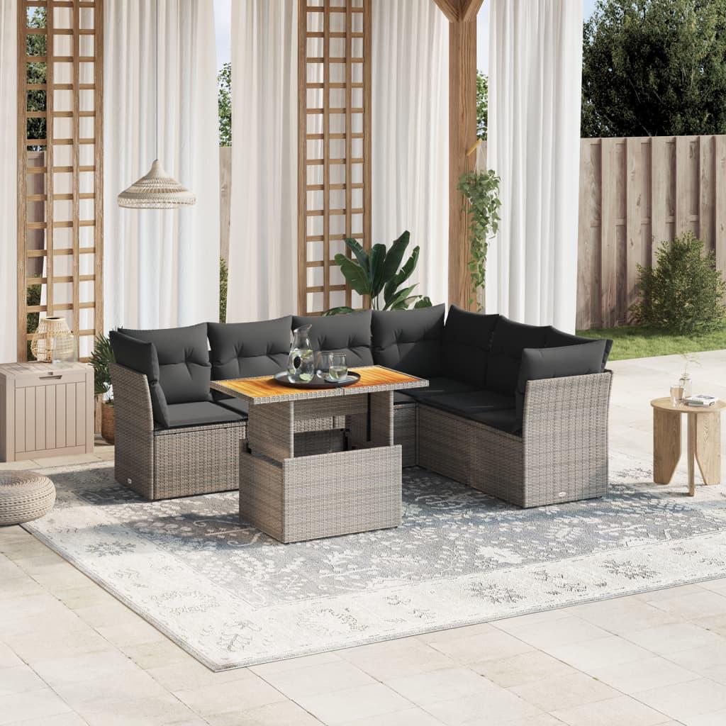 7 Piece Garden Sofa Set with Cushions Grey Poly Rattan