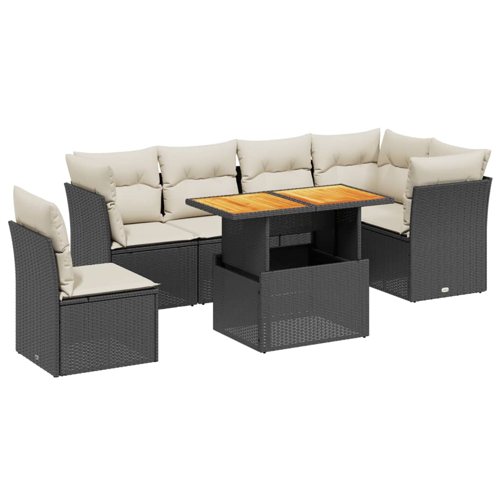 7 Piece Garden Sofa Set with Cushions Black Poly Rattan