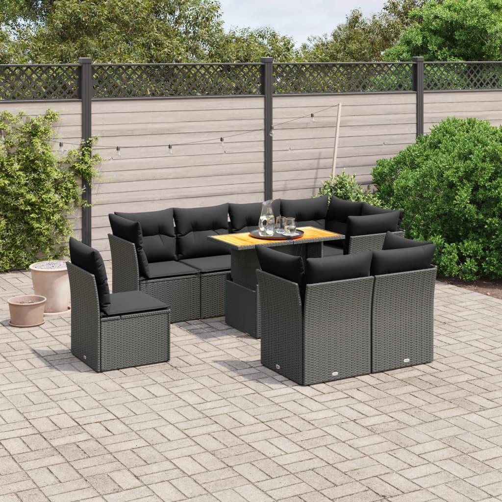 9 Piece Garden Sofa Set with Cushions Black Poly Rattan