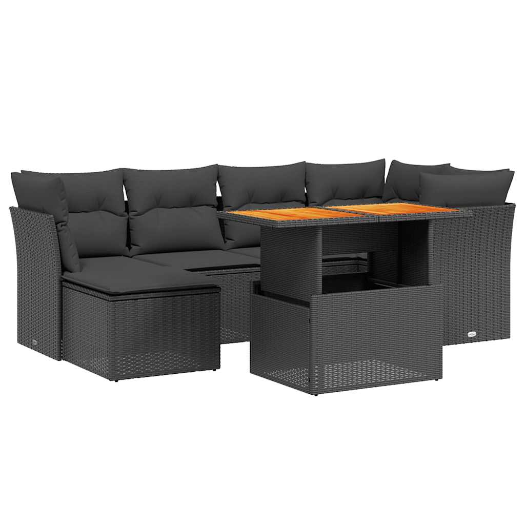 7 Piece Garden Sofa Set with Cushions Black Poly Rattan