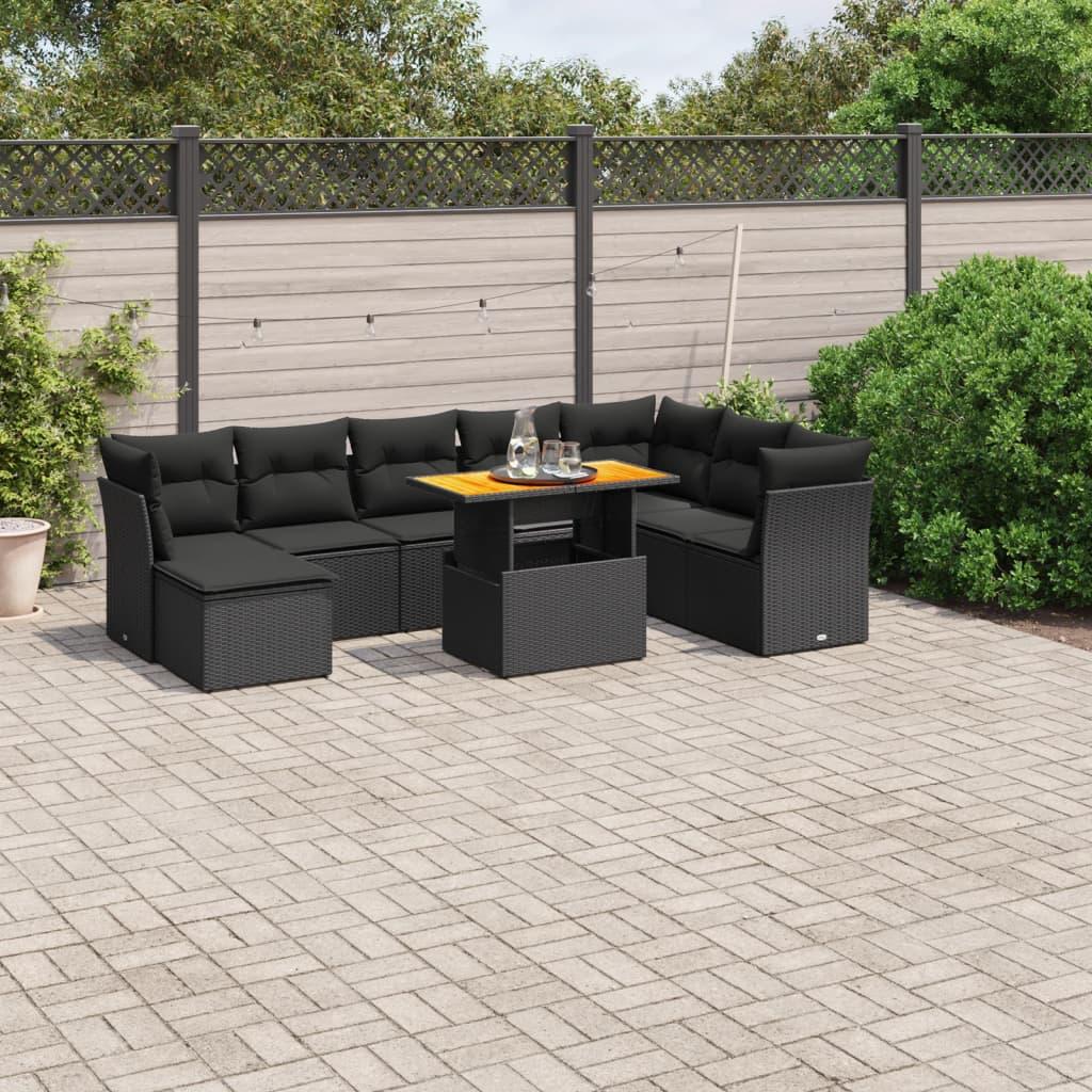 9 Piece Garden Sofa Set with Cushions Black Poly Rattan