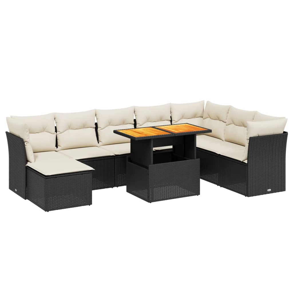 9 Piece Garden Sofa Set with Cushions Black Poly Rattan