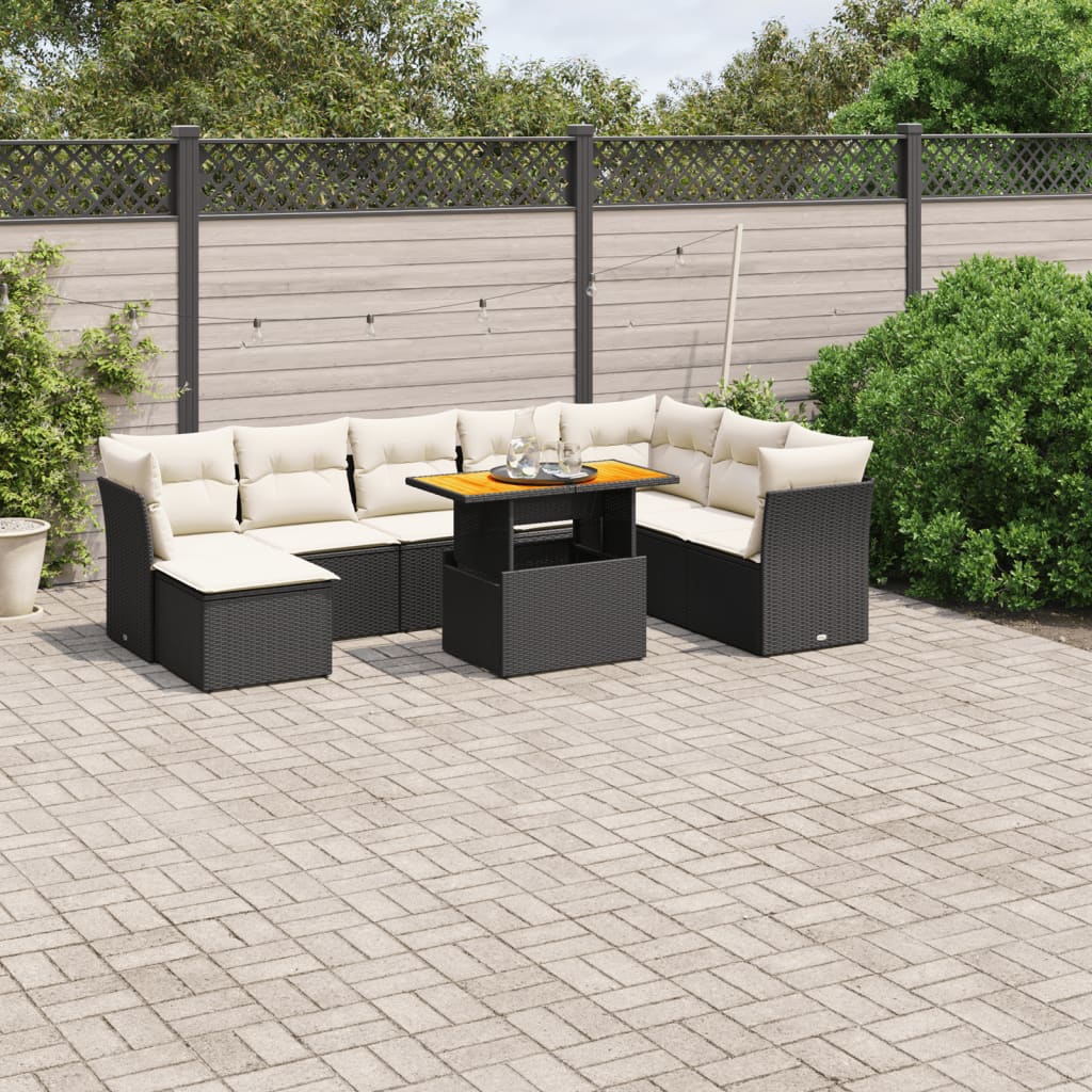 9 Piece Garden Sofa Set with Cushions Black Poly Rattan