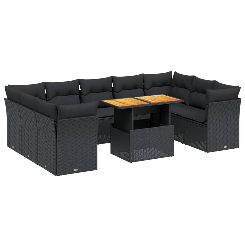 10 Piece Garden Sofa Set with Cushions Black Poly Rattan