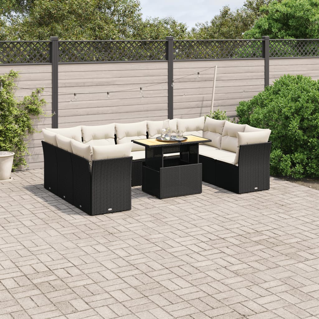 10 Piece Garden Sofa Set with Cushions Black Poly Rattan