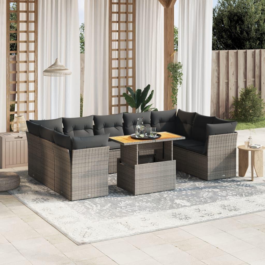 10 Piece Garden Sofa Set with Cushions Grey Poly Rattan