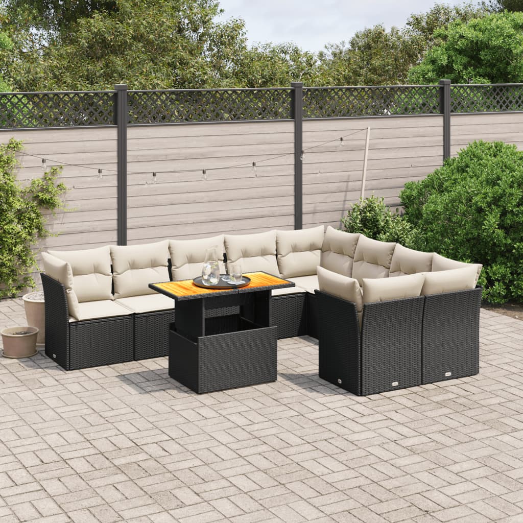 10 Piece Garden Sofa Set with Cushions Black Poly Rattan